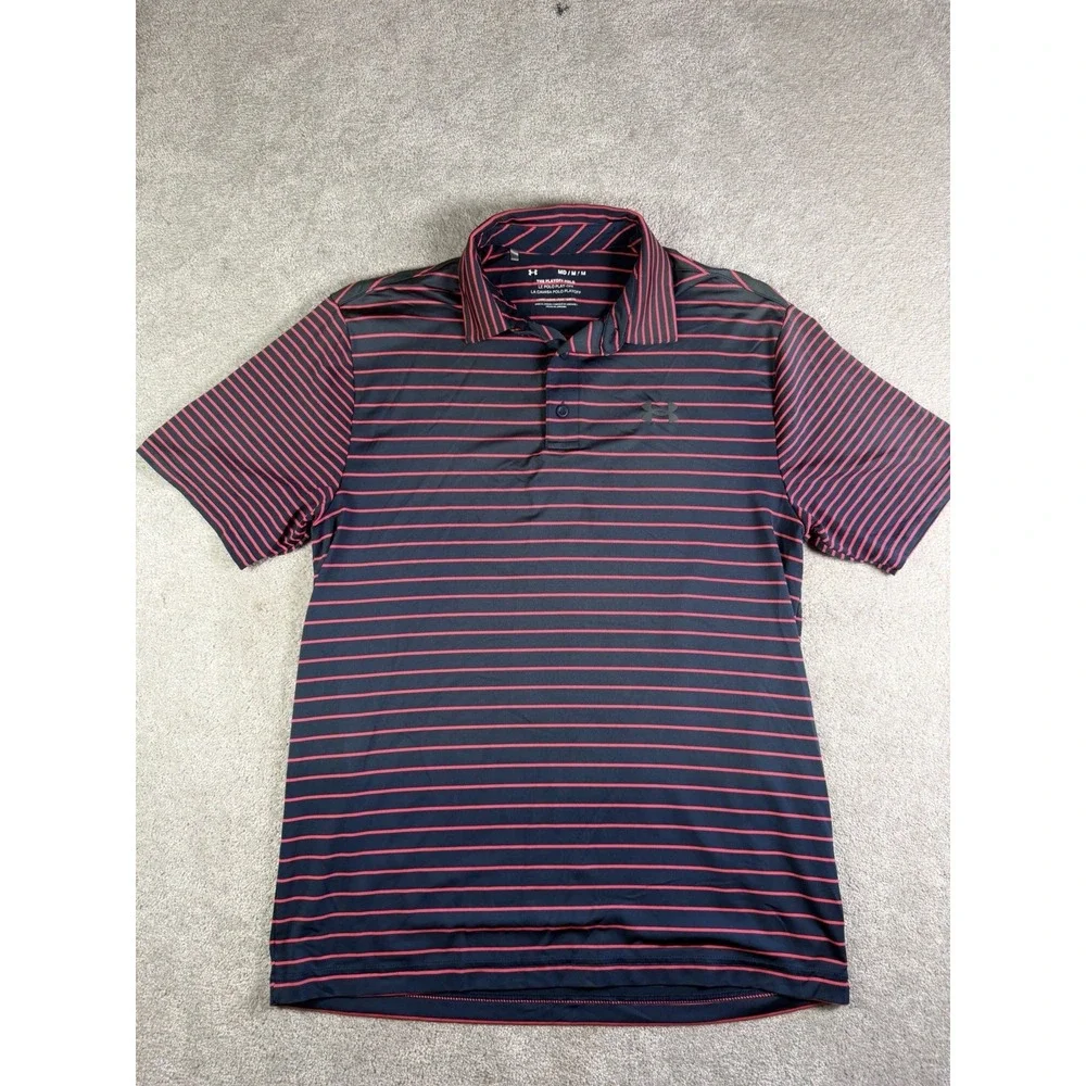 Under Armour Playoff Polo Shirt Mens M Blue Striped Short Sleeve Loose